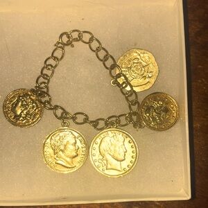 Vintage Gold Tone Faux European 5 Coin Charm bracelet. Striking Statement piece